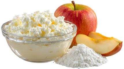 Glass bowl with cottage cheese egg brown sugar vanilla sugar surrounded with apple rice flour isolated on a white background