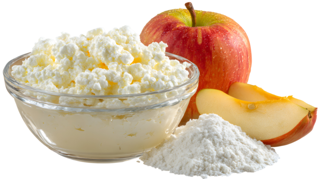Glass bowl with cottage cheese egg brown sugar vanilla sugar surrounded with apple rice flour isolated on a white background