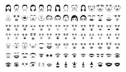 Set of Diverse Black Face Icons Featuring Minimalist Eyes, Noses, Mouths, and Facial Expressions in a Modular Vector Collection on White Background

