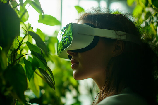 Young woman exploring virtual environment in greenhouse using vr glasses surrounded by green plants and sunlight generative ai
