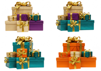 Stacks of colorful christmas gift boxes wrapped with gold ribbons and bows, ready for giving isolated on transparent background
