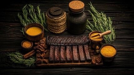 Smoked beef jerky with spices and herbs on a rustic wooden board.