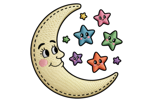 Smiling crescent moon with colorful stars cartoon