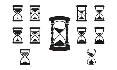Collection of Black Vector Hourglass Icons with Minimalist and Classic Sand Timer Designs on White Background for Time, Deadline, and Countdown Concepts
