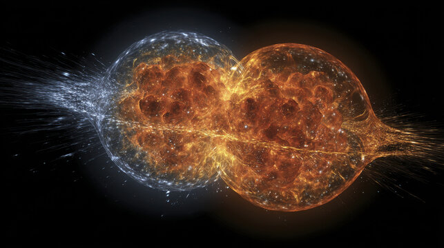 Neutron star merger simulation showing two dense stars colliding with shock waves and glowing plasma in space, creating dynamic cosmic explosion effect