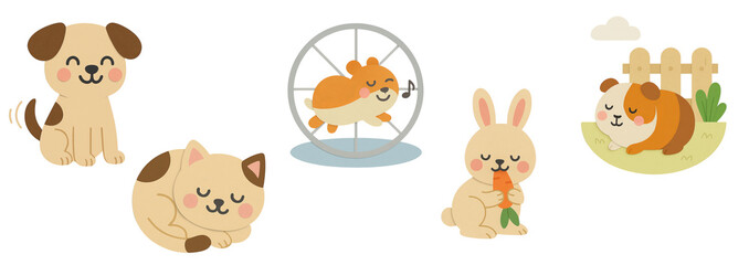Cute domestic animals collection in paper cut style, including dog, cat, hamster, rabbit, and guinea pig. Playful and sleeping pets. Transparent background.