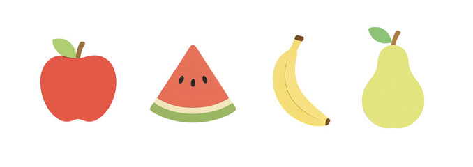 Set of simple illustrations of four fruits – apple, watermelon, banana, and pear – in a flat paper collage style, suitable for educational materials; transparent background.
