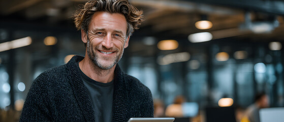 The smiling man holding a tablet in a modern office setting.