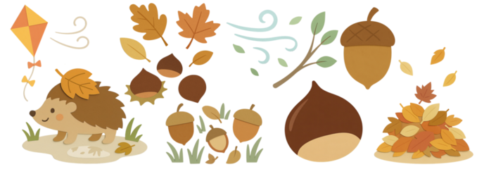 Whimsical autumn paper cutout set with hedgehog, flying kite, falling leaves, acorns, chestnuts, wind gusts, and a leaf pile – transparent background.