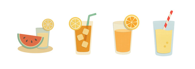 Set of paper cutout illustrations of summer drinks – lemonade, iced tea, orange juice, smoothie, and watermelon – in refreshing pastel colors with transparent background.