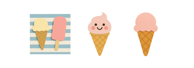 Cute paper cutout ice cream collection with waffle cones, popsicle, and smiling face detail – playful summer design on transparent background.