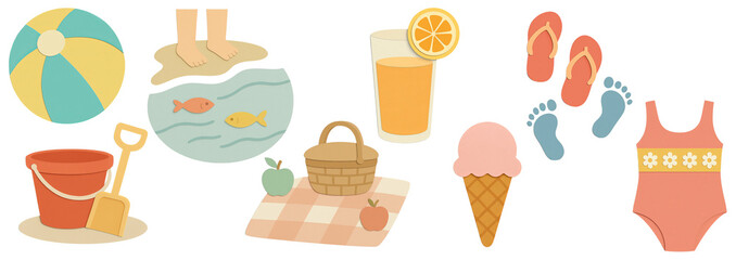 Set of playful summer picnic and beach-themed paper cutout illustration with ball, bucket and spade, swimsuit, flip-flops, ice cream, drink, picnic basket, and paddling pool – transparent background.