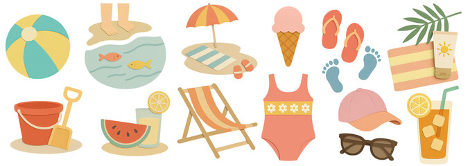 Colorful summer vacation paper cutout collection featuring beach ball, swimwear, ice cream, flip-flops, lemonade, bucket and spade, sunglasses, towel, and pool with fish – transparent background.