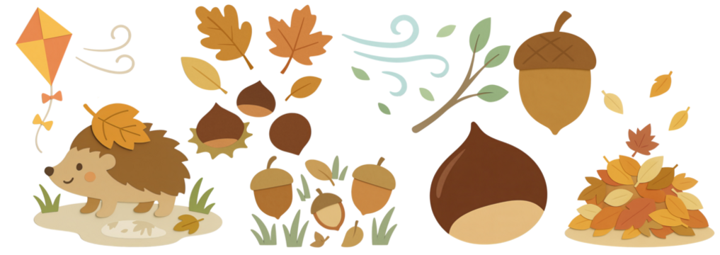 Whimsical autumn paper cutout set with hedgehog, flying kite, falling leaves, acorns, chestnuts, wind gusts, and a leaf pile – transparent background. - Powered by Adobe