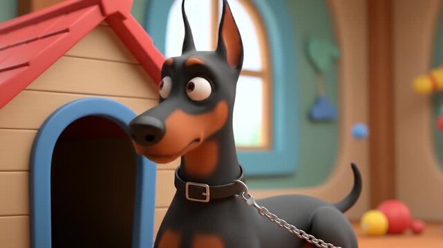 Cartoon Doberman pinscher sitting near dog house is perfect for childrens books, pet products, and veterinary clinic marketing materials.