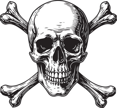 Skull and Crossbones Icon: A detailed, high-contrast illustration of a skull and crossbones, a symbol with historical connotations, crafted with attention to detail.