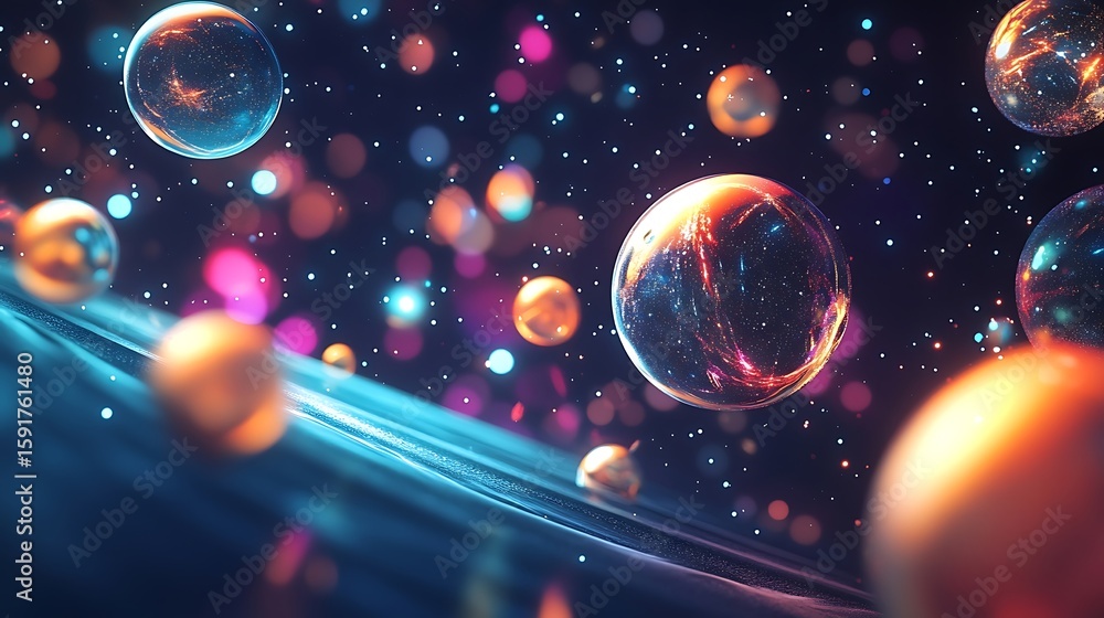 Poster floating spheres with galaxy inside and bokeh lights abstract background
