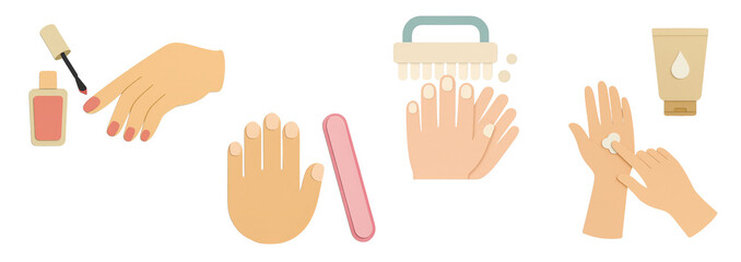 Obraz premium Manicure and hand care illustration set in pastel paper cut style – painting nails, filing, hand washing, moisturizing. Transparent background.