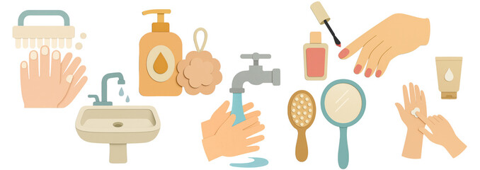 Hand hygiene and self-care illustration set in cute paper cut style &ndash; washing hands, soap, sink, nail care, lotion, mirror, and brush. Transparent background.