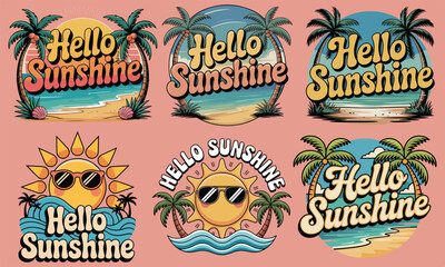 Hello Sunshine Summer T-Shirt Design Bundle. Beach Vibes Summer Graphic Tee Collection.  Tropical Paradise T-Shirt Bundle for Summer. summer vibes t-shirt design set or bundle. 