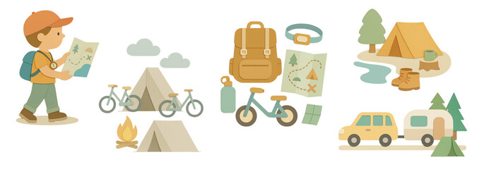 Paper-cut style collection of a child exploring the outdoors with camping gear, bikes, tents, campfire, map, and camper trailer – transparent background.