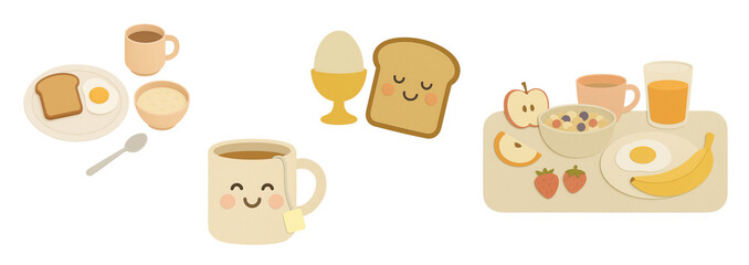 Cute breakfast collection in paper-cut style with toast, egg, porridge, fruit, tea, juice, and smiling food characters – transparent background.