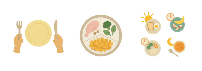 Paper-cut food illustrations showing an empty plate with cutlery, a balanced meal plate, and a daily meal schedule from breakfast to dinner – transparent background.