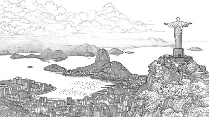 Rio de Janeiro cityscape with bay, mountains, and iconic statue overlooking water, detailed line art drawing capturing playful clouds and natural landscape