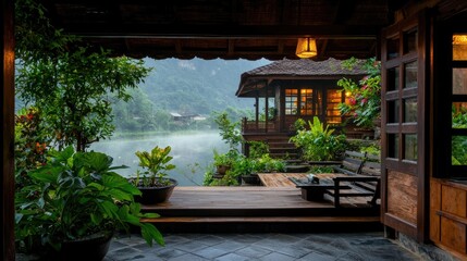 A serene wooden gazebo overlooking a misty lake in a lush garden.