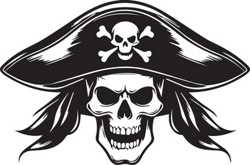 Fototapeta premium Sinister Pirate's Mark: A fearsome emblem of a pirate skull, etched in stark monochrome, adorned with a quintessential hat of the high seas, a potent symbol of adventure and defiance.