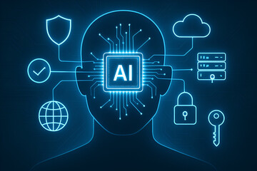 Artificial intelligence technology concept with head silhouette, AI chip and cybersecurity icons on dark background representing digital network system