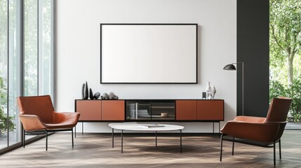 Modern living room interior scene with orange furniture.