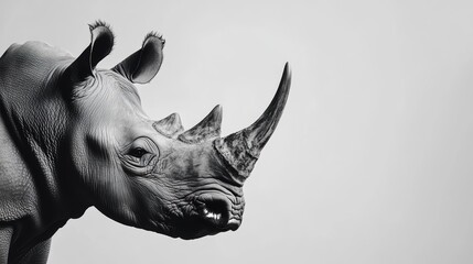 Monochrome close-up of a rhinoceros's head and horn against a light background.