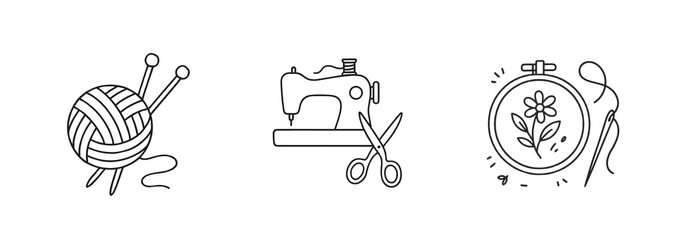 Set of black line art illustrations of yarn with knitting needles, sewing machine with scissors, and embroidery hoop with needle and flower – transparent background.