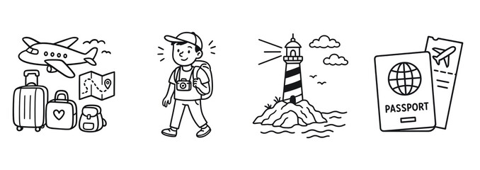 Travel-themed black line art collection including airplane with luggage, a happy tourist with backpack, a lighthouse on rocks, and a passport with boarding pass – transparent background.