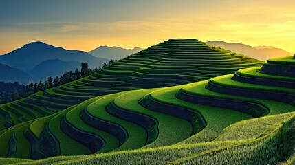 Terraced rice paddies at sunrise, showcasing the beauty of agricultural artistry.