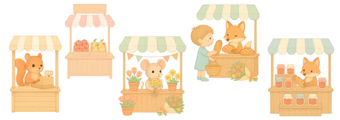 Charming market scene with multiple wooden stalls run by cute animals (squirrel, mouse, fox) and a little girl buying bread, offering flowers, jam, fruits, and baked goods, transparent background.