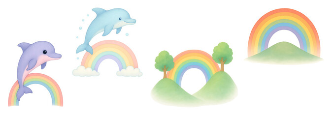 Cute dolphin and rainbow collection with playful pastel tones and smiling elements &ndash; transparent background.