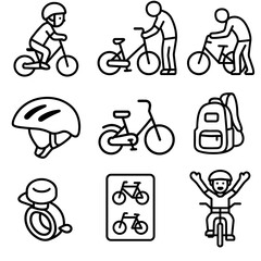 Vector icon set of kids cycling activities, equipment, and accessories  