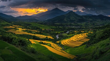 Terraced rice paddies illuminated by a golden sunset in a mountain valley.