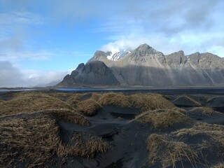 Stokksnes view from the black sand desert.  scenic mountains in Iceland. Vestrahorn  landscape near...
