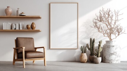 Minimalist, sunlit room interior with wooden shelves, armchair, and plants