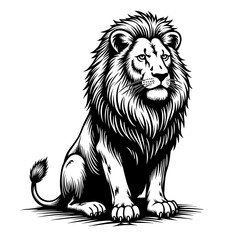 Strong lion sitting calmly in detailed hand-drawn style with fluffy mane - majestic wild animal illustration for nature and power themes