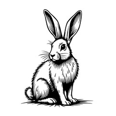 Rabbit sitting upright with alert ears in black sketch style - hand-drawn cute bunny illustration for animal and kids themes