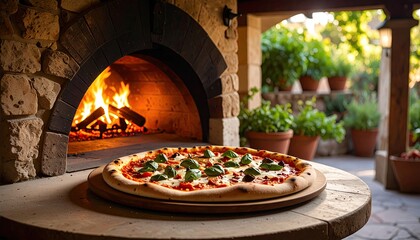 Pizza baked in outdoor stone oven