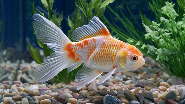 Oranda goldfish swimming near plants in an aquarium, gravel below