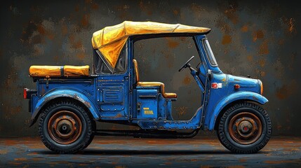 A vibrant, rusty blue vintage auto-rickshaw with a mustard-yellow canopy.