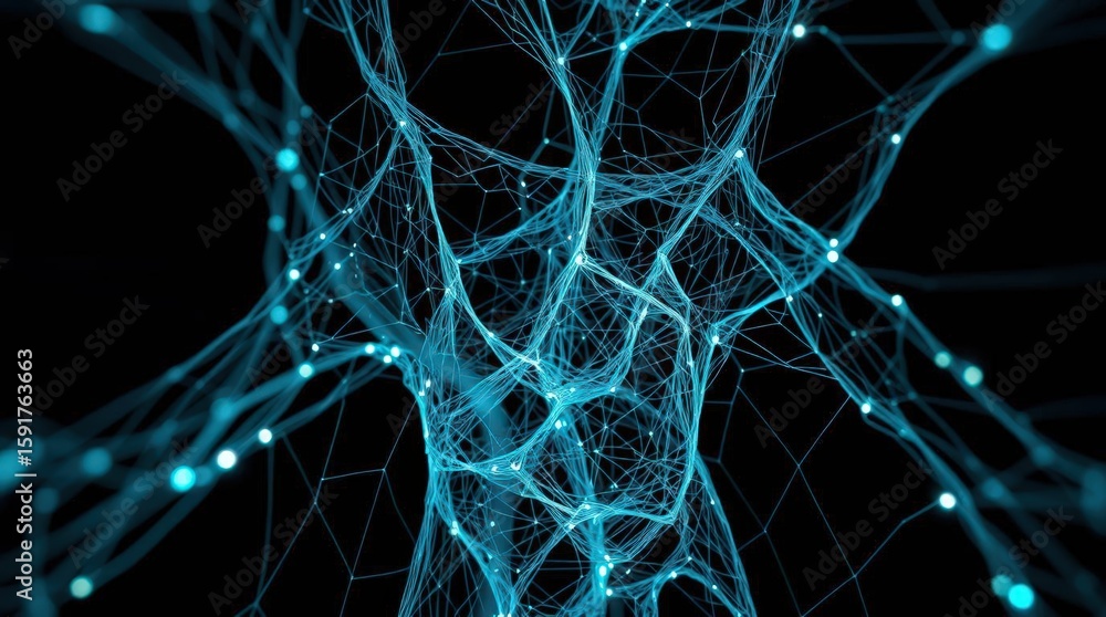 Poster visual representation of an abstract network structure illuminated in blue against a dark background