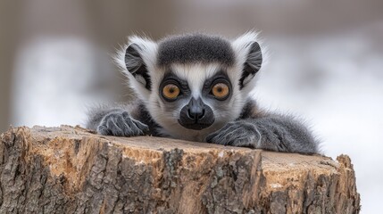 A ring-tailed lemur infant rests on a tree stump.