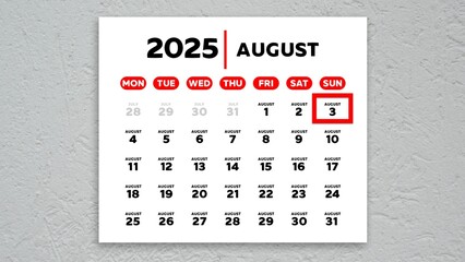 The date August 3rd marked with a red cursor on the wall calendar 2025
